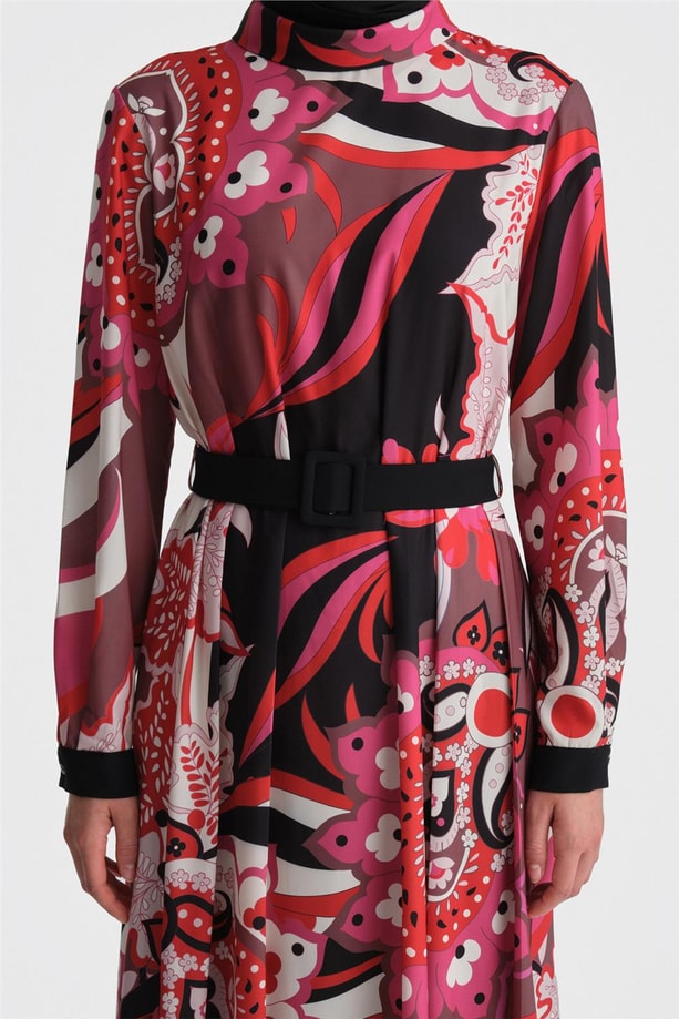 Armine Piliseli Ve Desenli Elbise 24K9907 Kırmızı