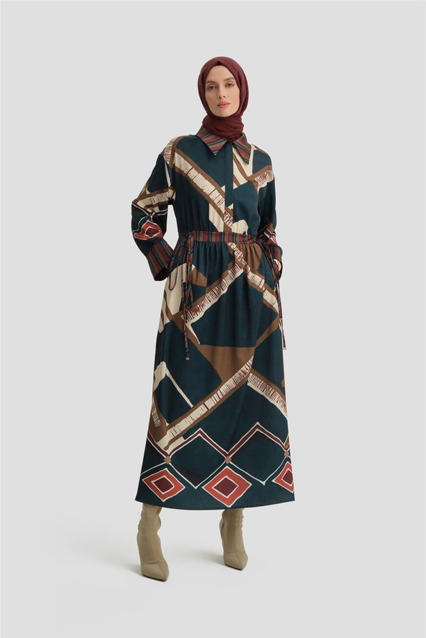 Armine Geometrik Desenli Elbise 24K9911 Petrol