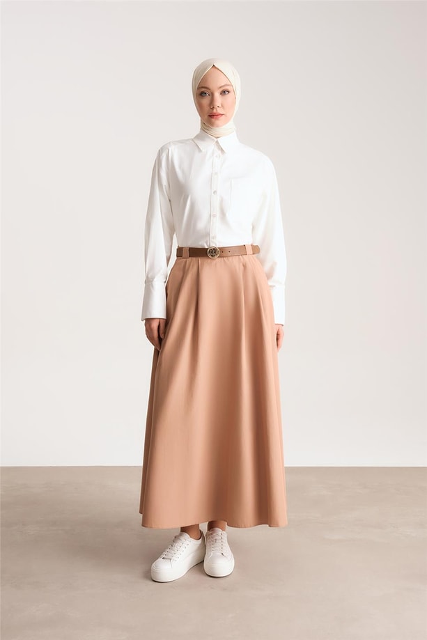 Armine Kemeri Logolu Pileli Etek 24Y1606 Camel