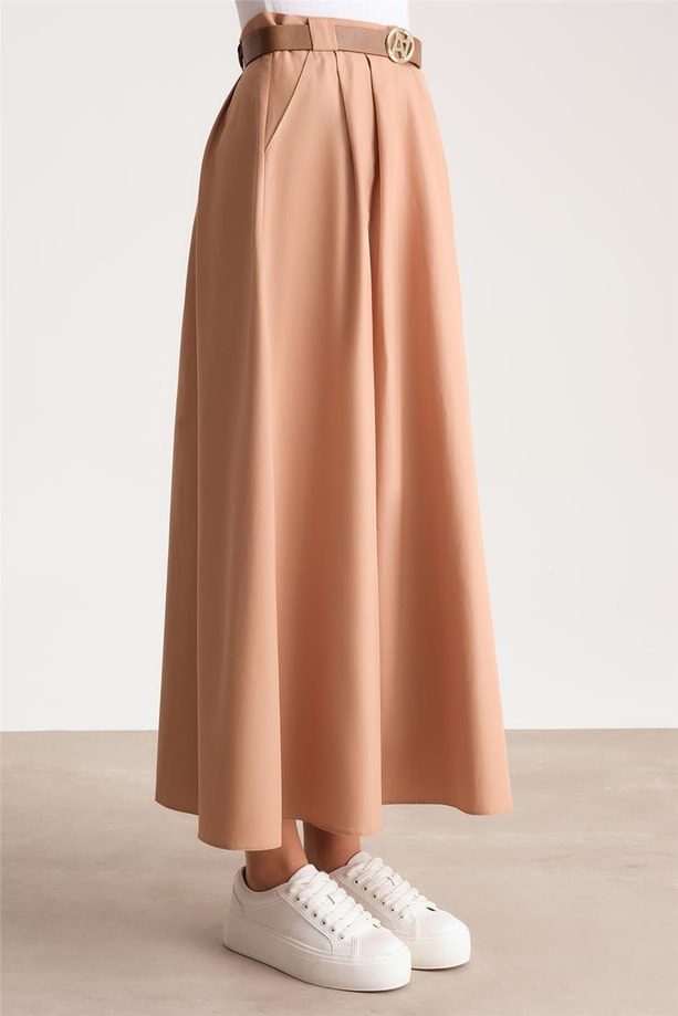 Armine Kemeri Logolu Pileli Etek 24Y1606 Camel