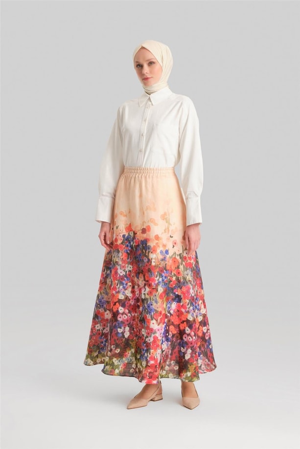 Armine Godeli Ve Desenli Keten Etek 24Y1628 Oranj