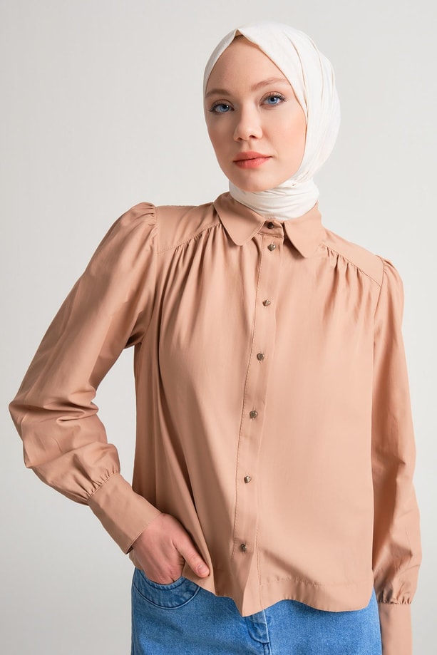 Armine Kalp Düğmeli Pamuk Gömlek 24Y3507 Camel
