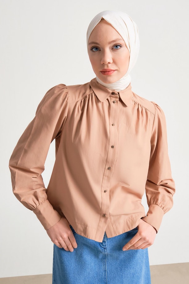 Armine Kalp Düğmeli Pamuk Gömlek 24Y3507 Camel