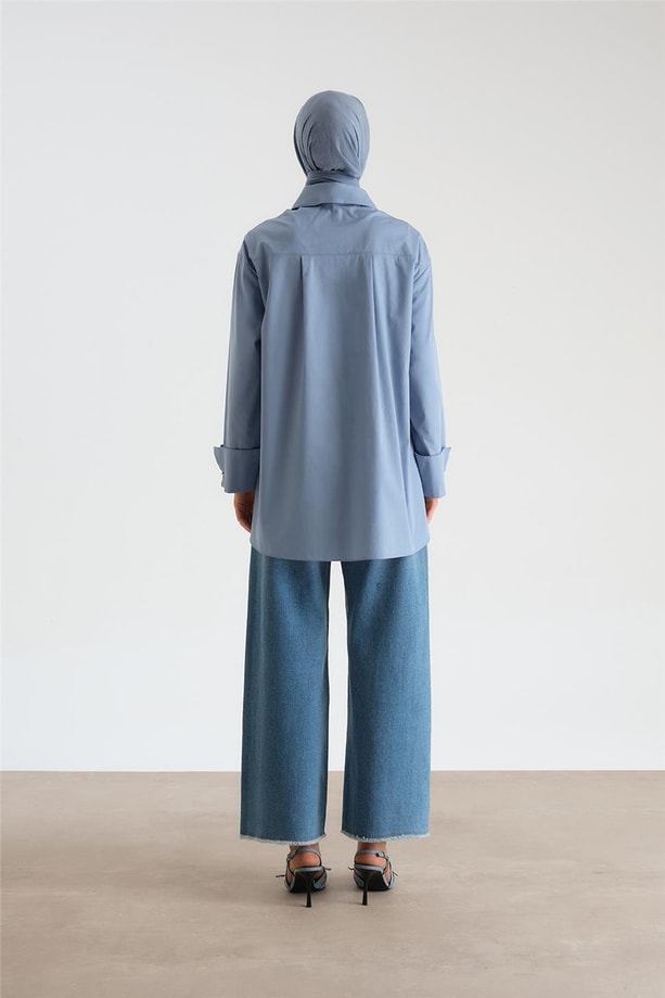 Armine Manşeti Halkalı Oversize Gömlek 24Y3520 Gri Mavi
