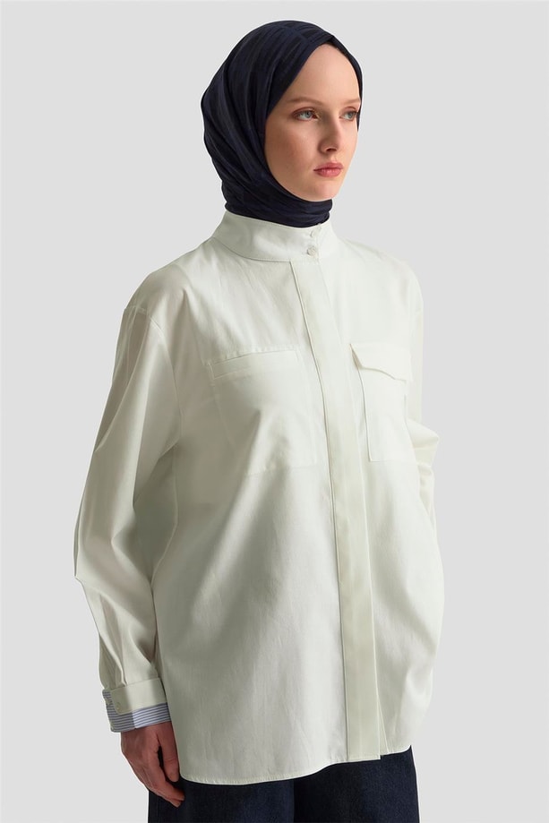 Armine Çizgili Garnili Pamuk Gömlek 24Y3524 Beyaz