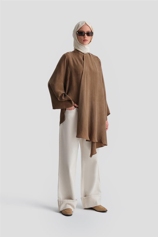 Armine Kimono Kollu Asimetrik Bluz 24Y3551 Kızıl Kahve