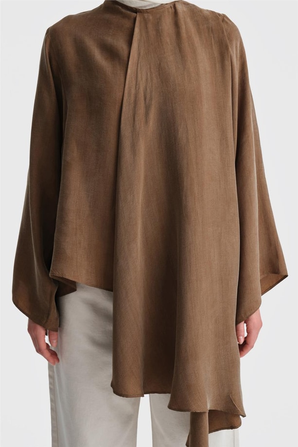 Armine Kimono Kollu Asimetrik Bluz 24Y3551 Kızıl Kahve