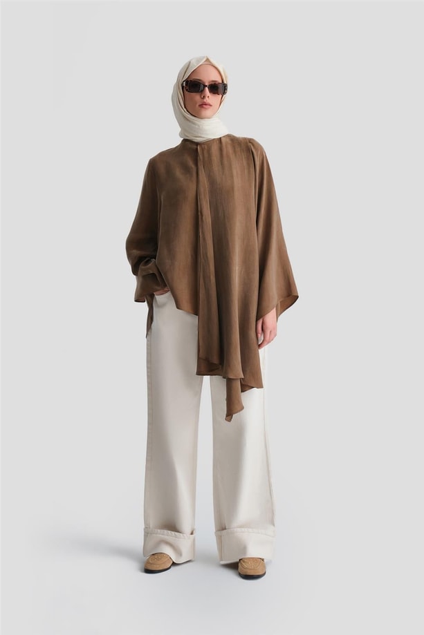 Armine Kimono Kollu Asimetrik Bluz 24Y3551 Kızıl Kahve