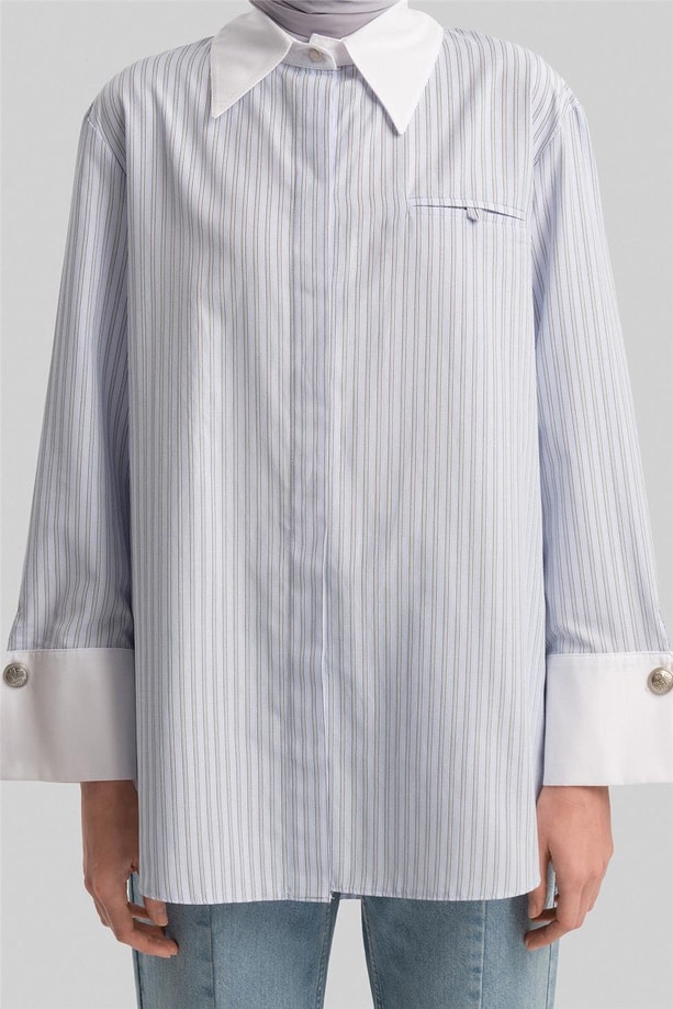 Armine Kalın Manşetli Çizgili Poplin Gömlek 24Y3554 Mavi