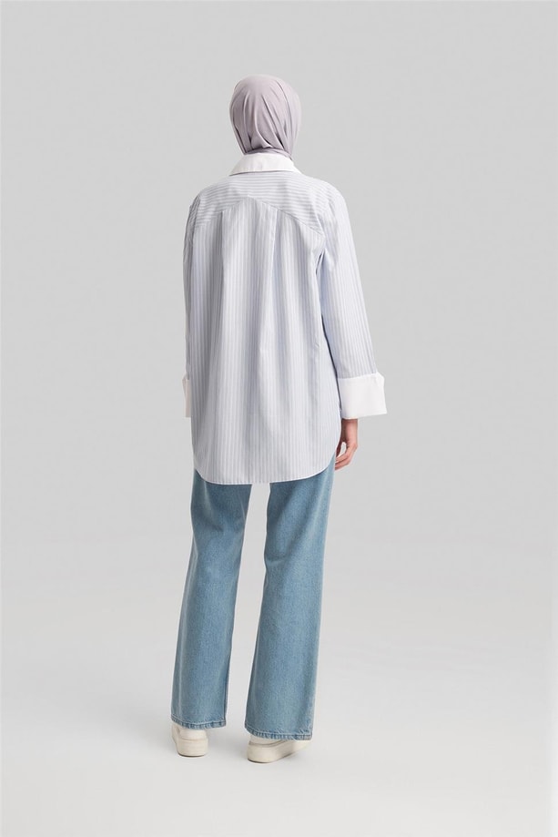 Armine Kalın Manşetli Çizgili Poplin Gömlek 24Y3554 Mavi