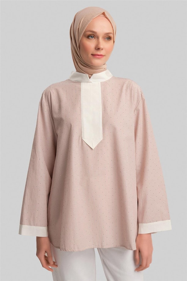 Armine Grogrenli ve Taşlı Çizgili Gömlek24Y3556 Camel