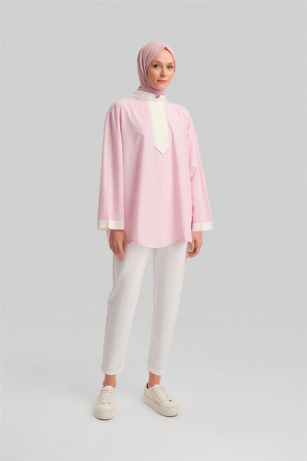Armine Grogrenli ve Taşlı Çizgili Gömlek24Y3556 Pembe