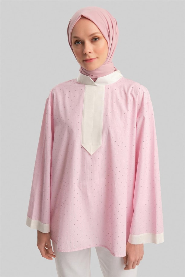 Armine Grogrenli ve Taşlı Çizgili Gömlek24Y3556 Pembe