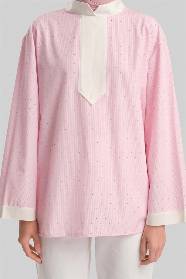 Armine Grogrenli ve Taşlı Çizgili Gömlek24Y3556 Pembe