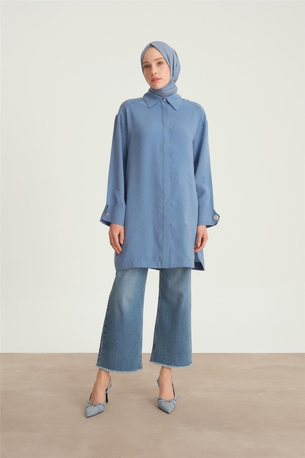 Armine Kalın Manşetli Tencel Tunik 24Y4004 Sisli Mavi