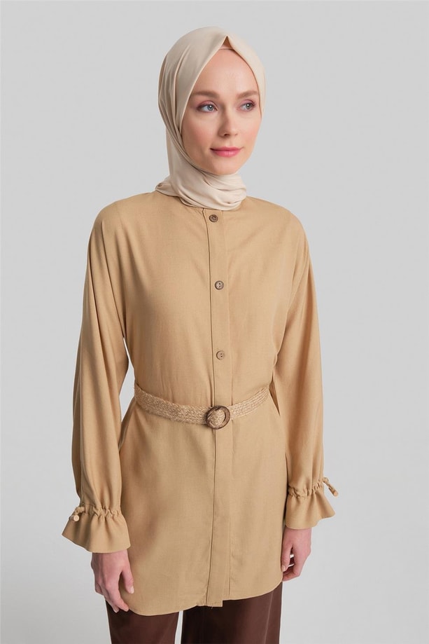 Armine Bütün Kollu Viskon Keten Tunik 24Y4018 Camel