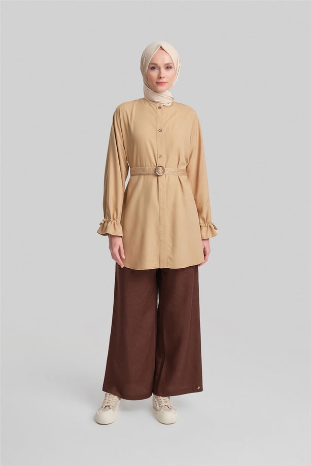 Armine Bütün Kollu Viskon Keten Tunik 24Y4018 Camel