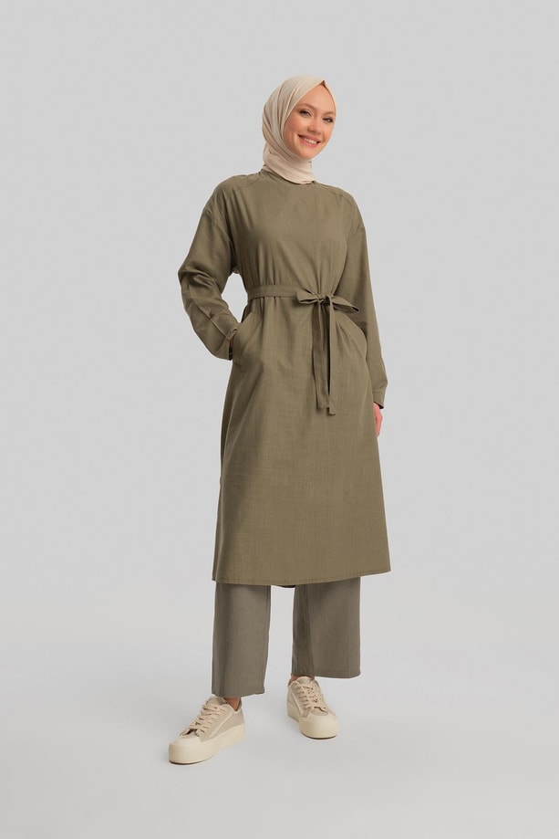 Armine Kuşaklı Pamuk Keten Tunik Elbise 24Y4103 Haki