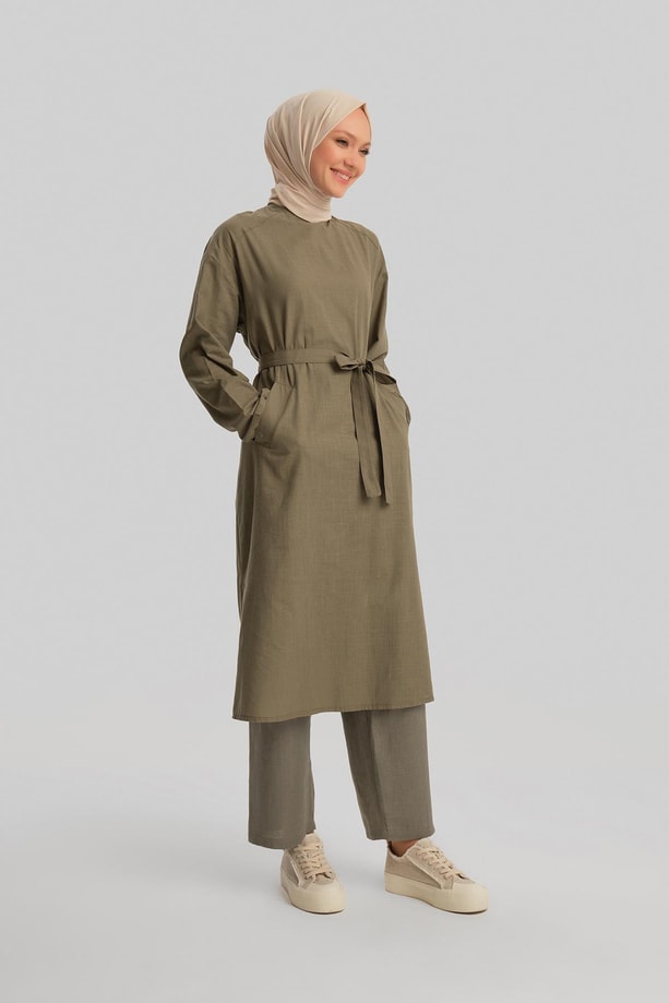 Armine Kuşaklı Pamuk Keten Tunik Elbise 24Y4103 Haki