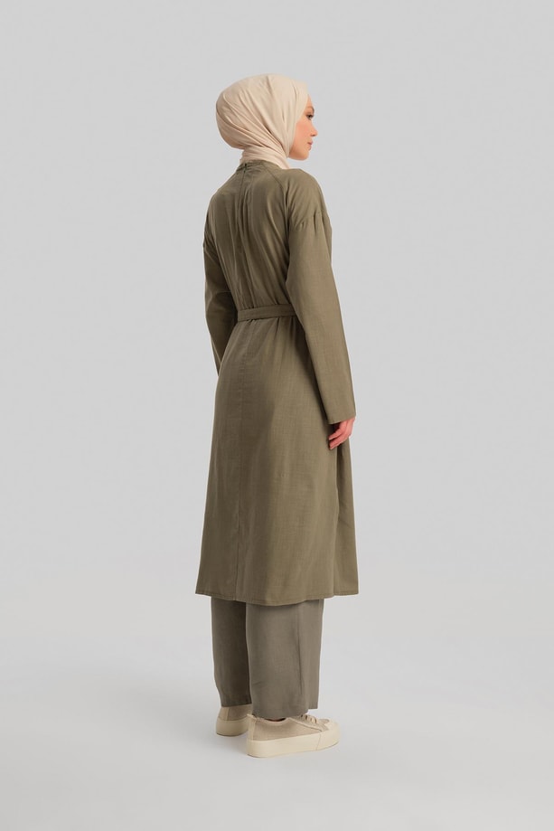 Armine Kuşaklı Pamuk Keten Tunik Elbise 24Y4103 Haki