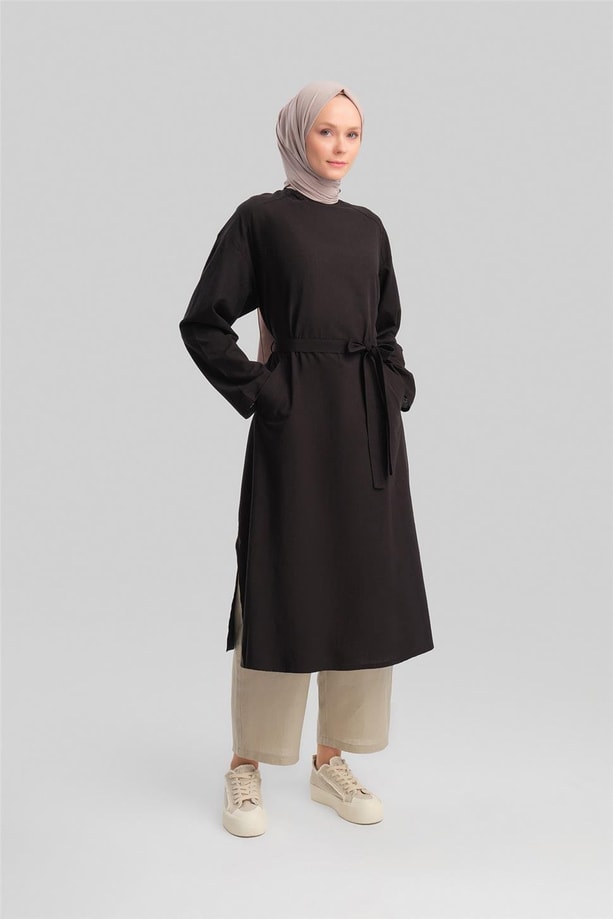 Armine Kuşaklı Pamuk Keten Tunik Elbise 24Y4103 Siyah
