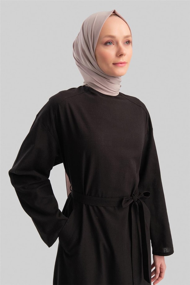 Armine Kuşaklı Pamuk Keten Tunik Elbise 24Y4103 Siyah