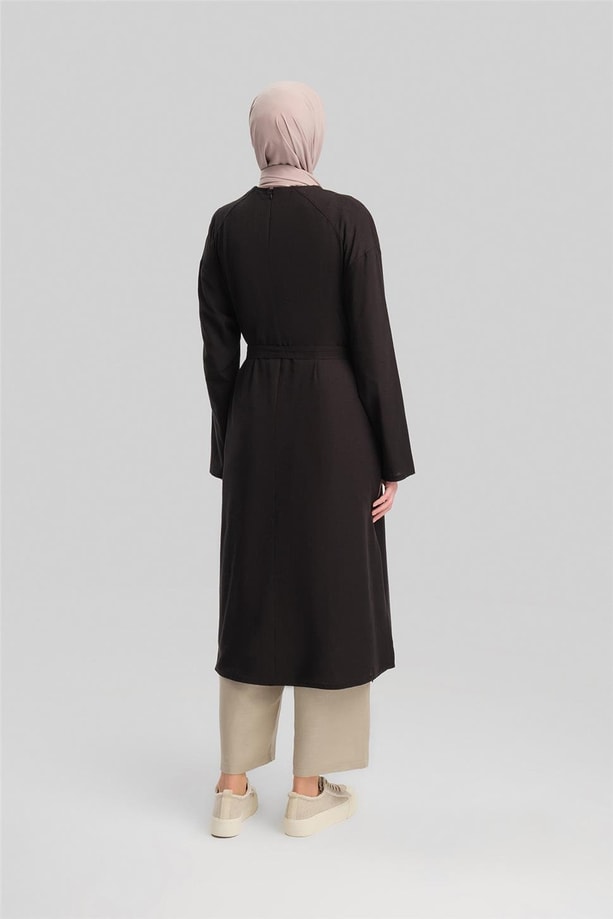 Armine Kuşaklı Pamuk Keten Tunik Elbise 24Y4103 Siyah