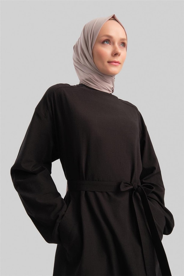 Armine Kuşaklı Pamuk Keten Tunik Elbise 24Y4103 Siyah