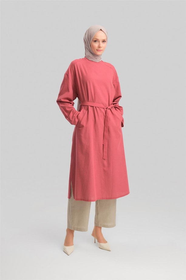 Armine Kuşaklı Pamuk Keten Tunik Elbise 24Y4103 Vişne