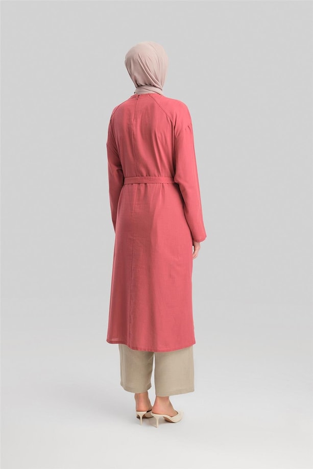 Armine Kuşaklı Pamuk Keten Tunik Elbise 24Y4103 Vişne