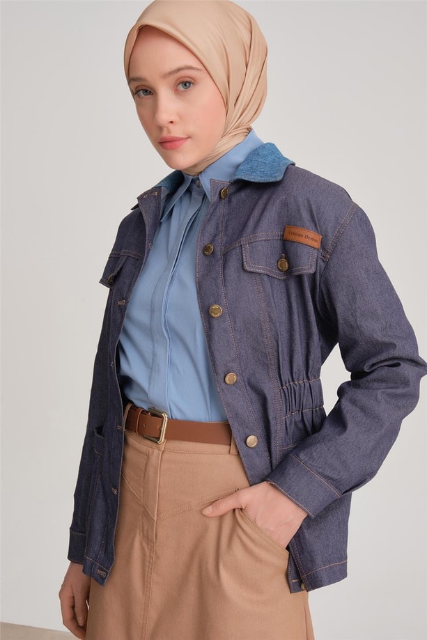 Armine Beli Lastikli Denim Ceket 24Y5408 Lacivert