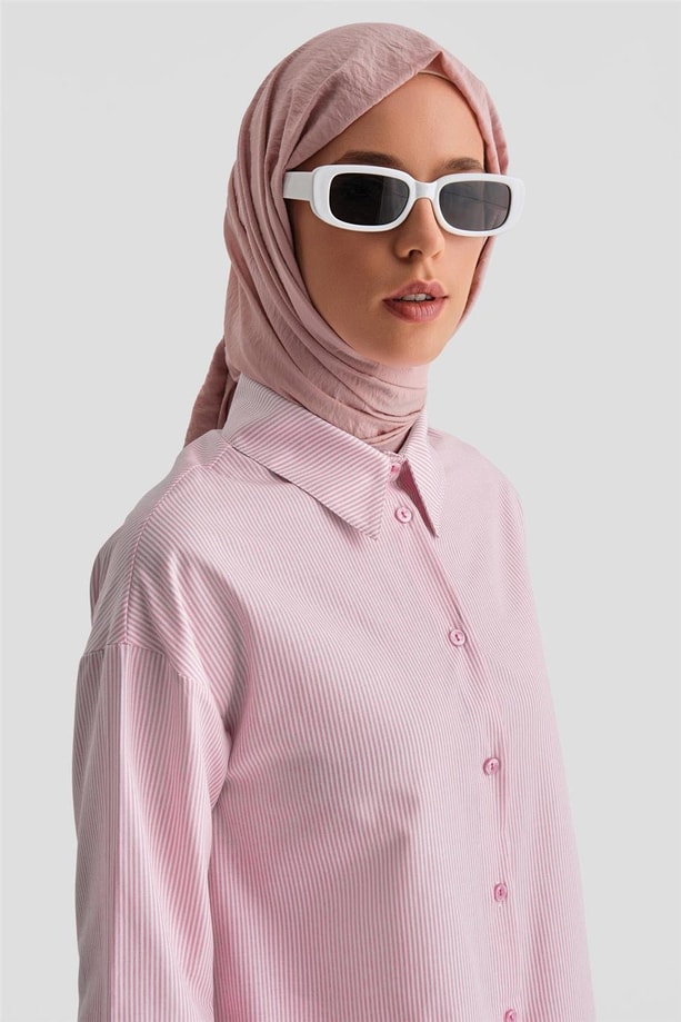 Armine Plise Etekli Çizgili Takım 24K6851 Pembe