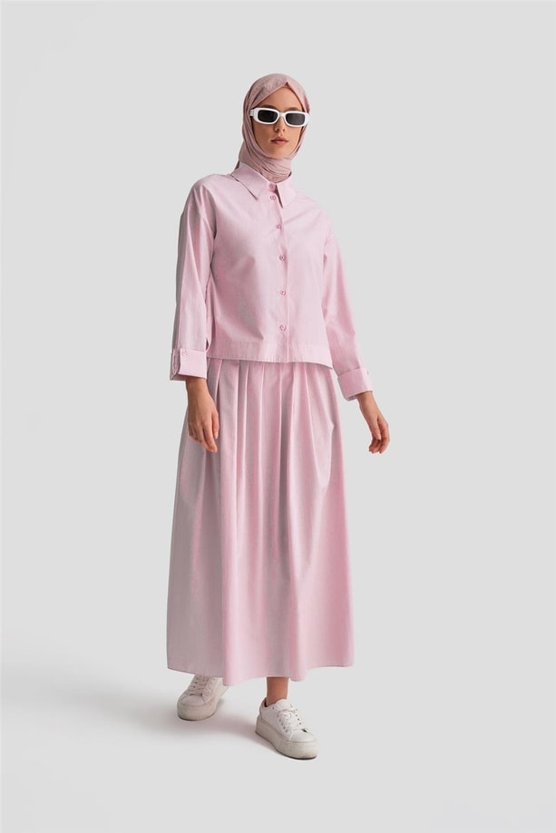 Armine Plise Etekli Çizgili Takım 24K6851 Pembe