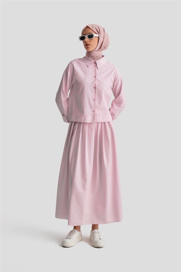 Armine Plise Etekli Çizgili Takım 24K6851 Pembe