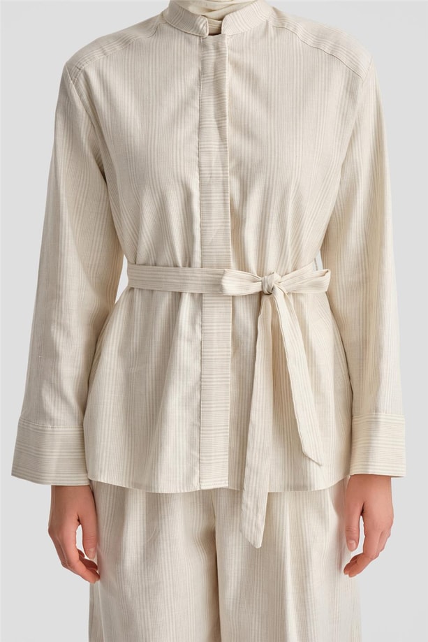 Armine Kalın Çizgili Pamuk Takım 24K6853 Açık Bej