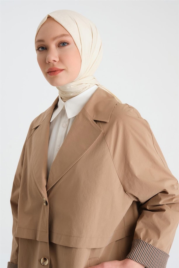 Armine Çizgi Garnili Kısa Kap 24Y7408 Camel