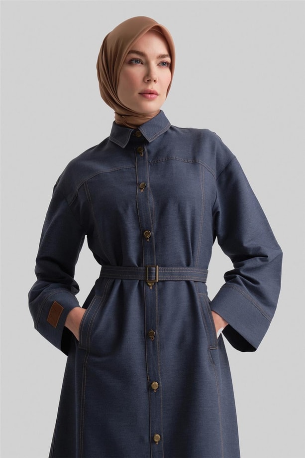Armine Kup Ve Dikiş Efektli Denim Elbise 24Y9804 Lacivert