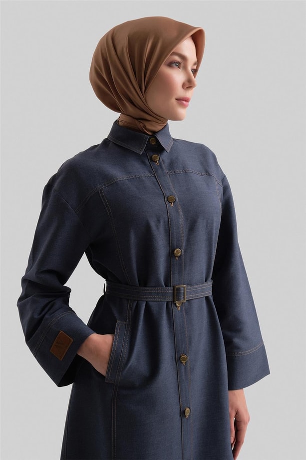 Armine Kup Ve Dikiş Efektli Denim Elbise 24Y9804 Lacivert