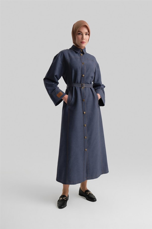 Armine Kup Ve Dikiş Efektli Denim Elbise 24Y9804 Lacivert