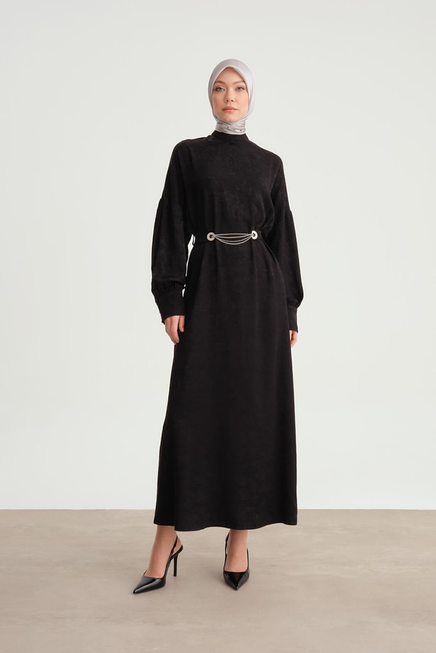 Armine Aksesuar DetaylıJakarlı Viskoz Abiye 24Y9808 Siyah