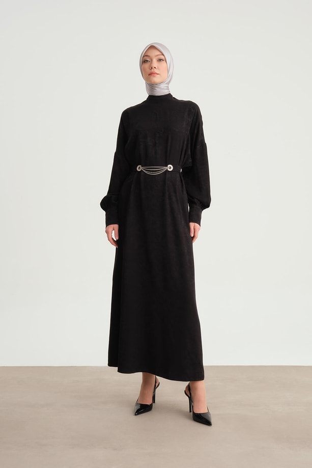 Armine Aksesuar DetaylıJakarlı Viskoz Abiye 24Y9808 Siyah