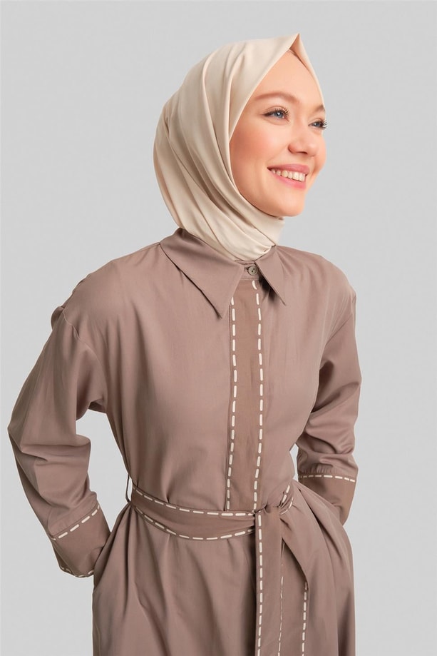 Armine Dikiş Efektli Bağlamalı Elbise 24Y9809 Haki