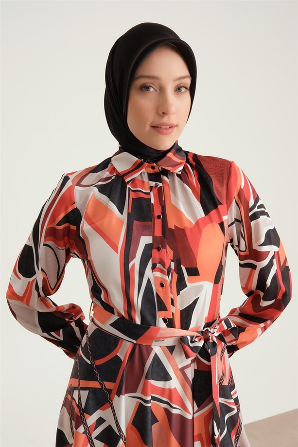 Armine Biye Detaylı Desenli Elbise 24Y97816 Siyah