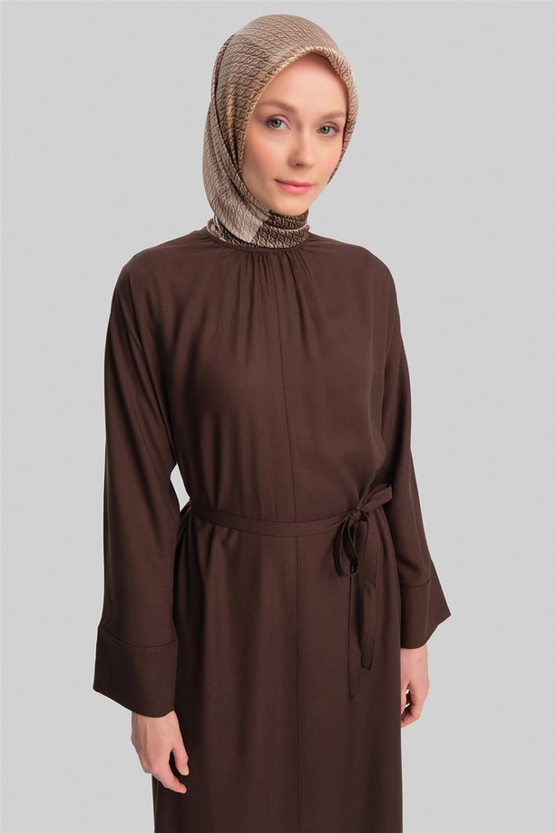Armine Kolu Bütün Viskon Tencel Elbise 24Y9821 Acı Kahve