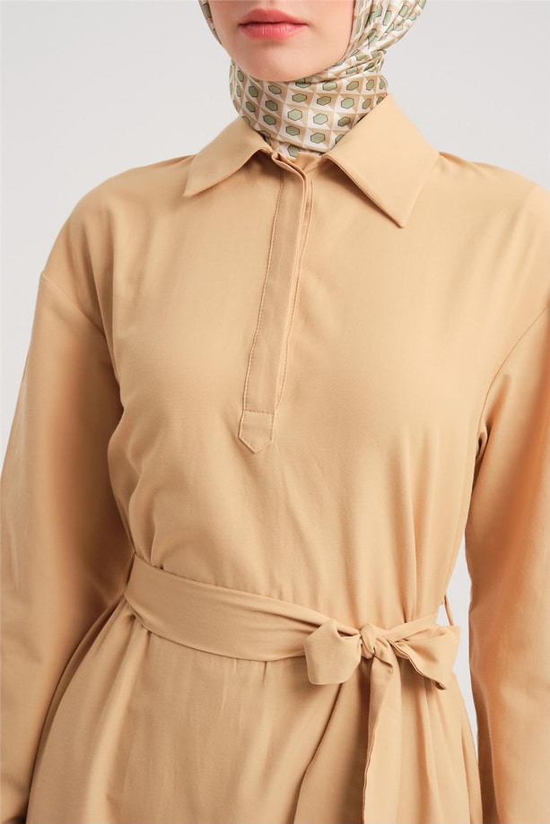 Armine Polo Yaka Basic Pamuk Elbise 24Y9822 Camel
