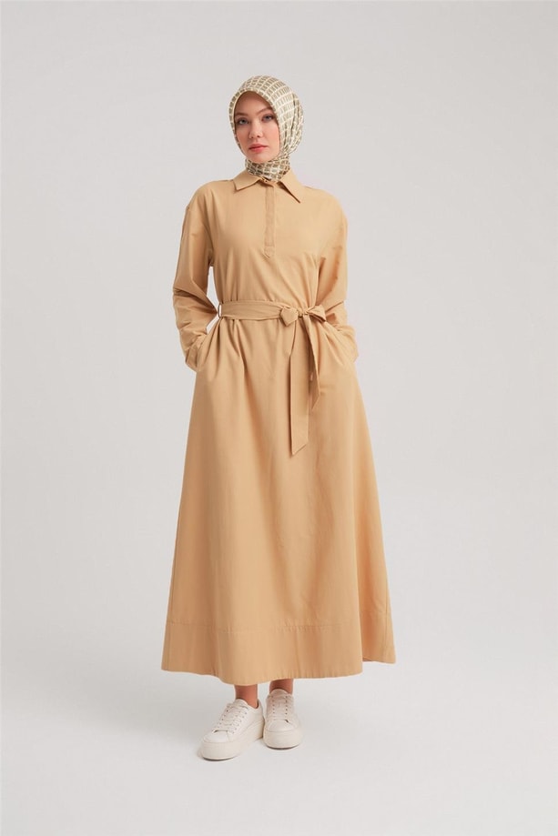 Armine Polo Yaka Basic Pamuk Elbise 24Y9822 Camel