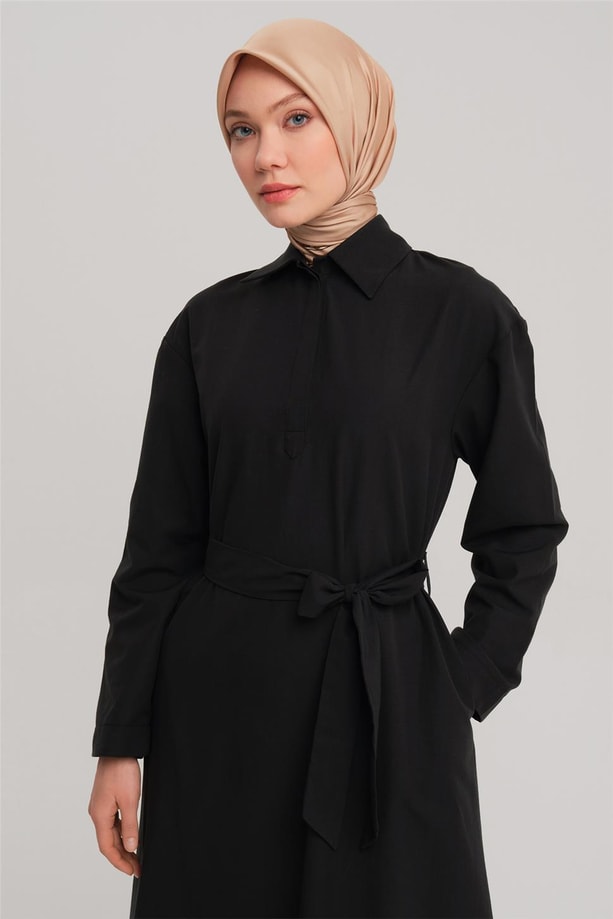 Armine Polo Yaka Basic Pamuk Elbise 24Y9822 Siyah