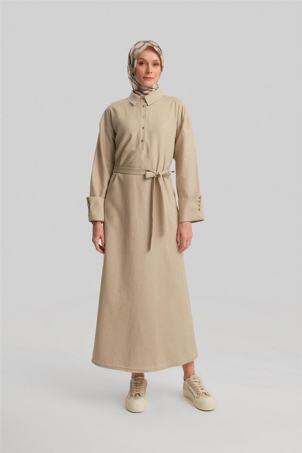 Armine Kalın Manşetli Keten Elbise 24Y9830 Aytaşı