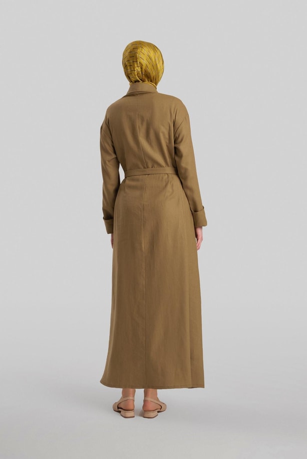 Armine Kalın Manşetli Keten Elbise 24Y9830 Zeytin