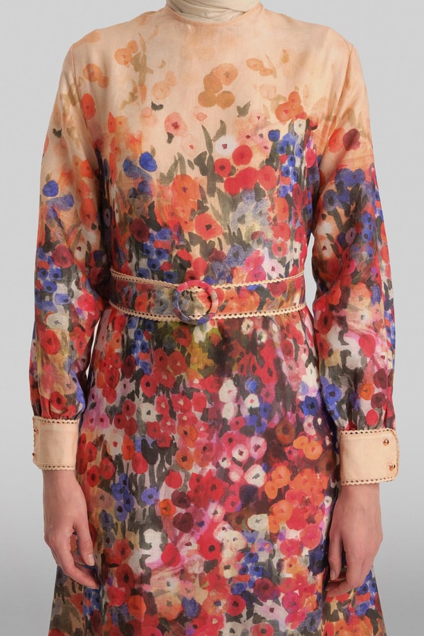 Armine Şerit Detaylı Desenli Keten elbise 24Y9836 Şeftali